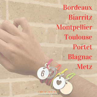 Bracelets cordons colorés Bordeaux Biarritz Montpellier Toulouse Portet Blagnac Metz 