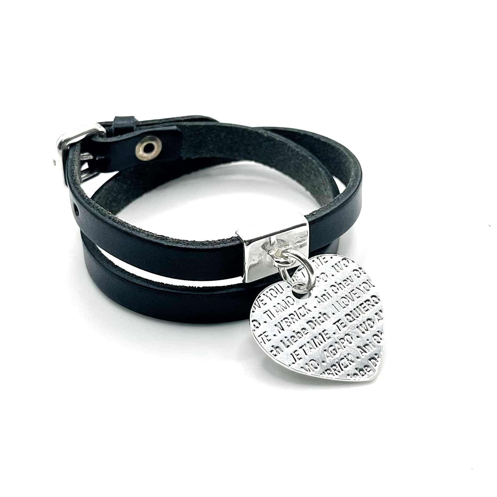 Bracelet en cuir avec pendentif coeur je t'aime