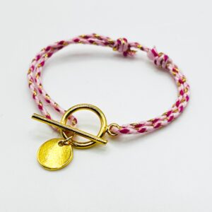 Bracelet lou doré médaille tressé cordon rose