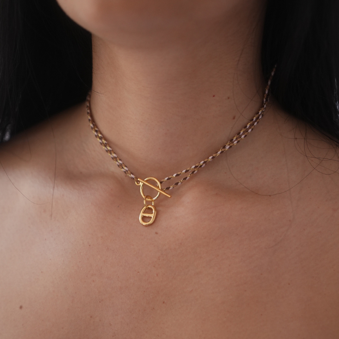 Collier Lou Maille tressé cordon marron et doré