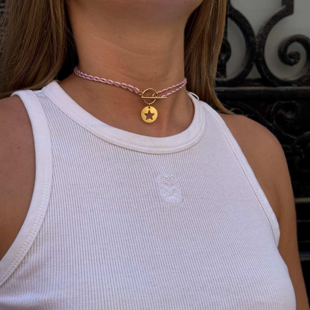 Collier lou étoile cordon tressé cordon rose pâle