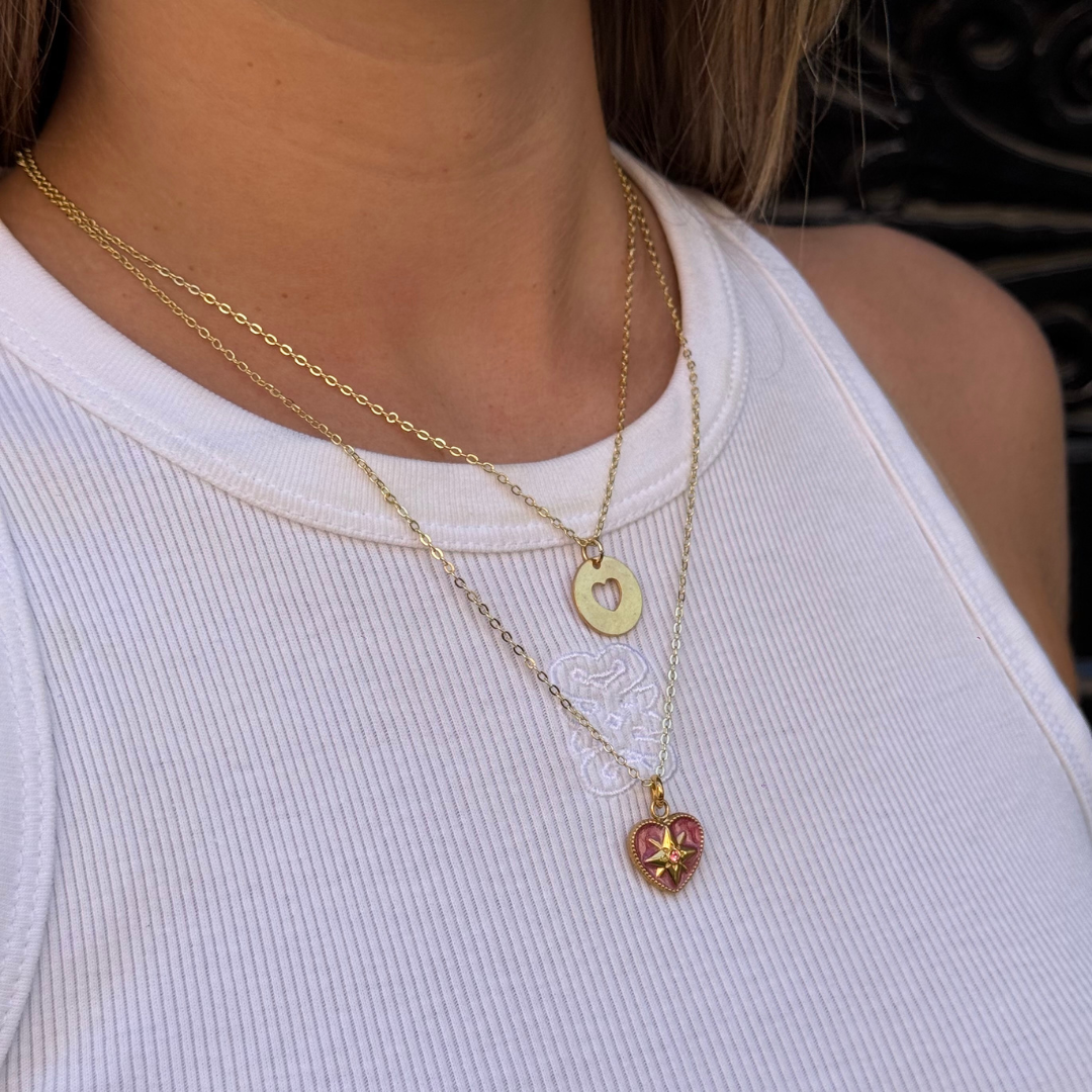 Collier chaîne fine dorée coeur strass pendentif rose