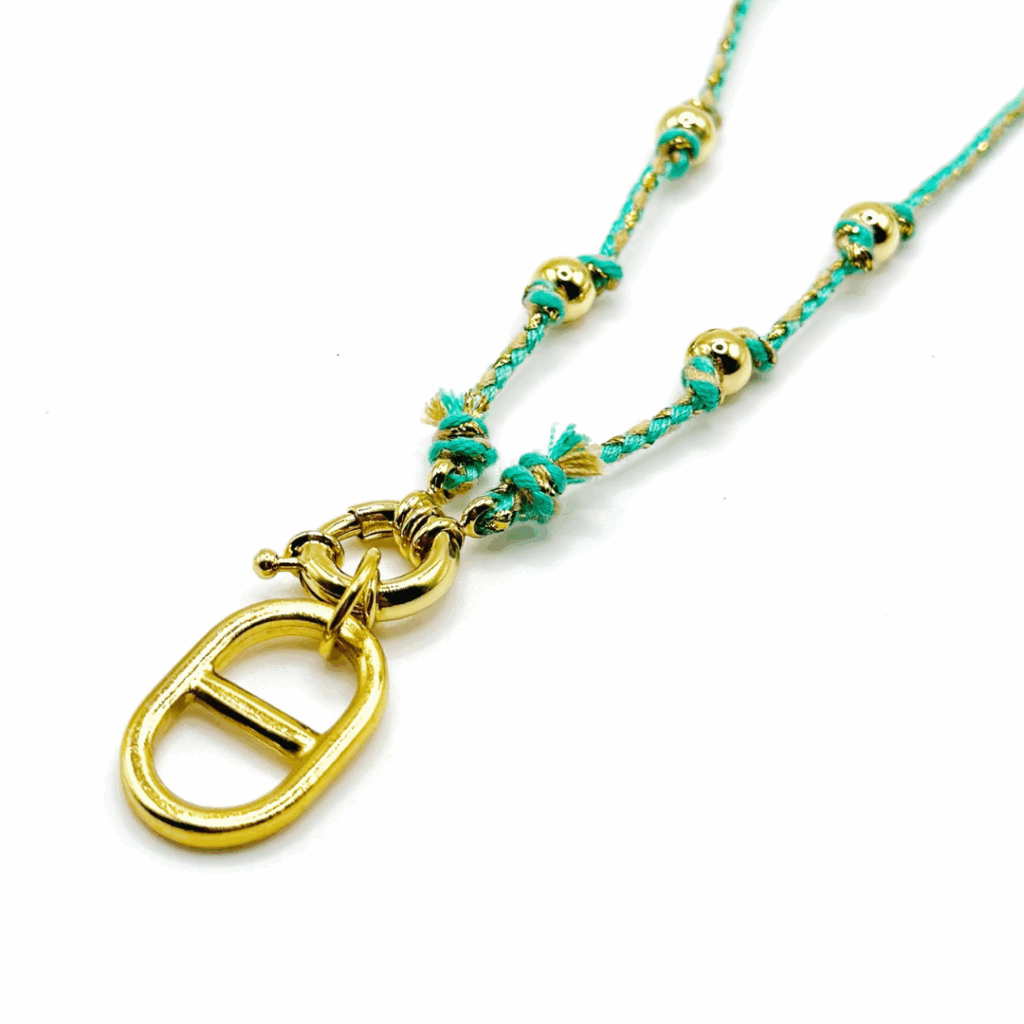 Collier maille doré tressé cordon vert