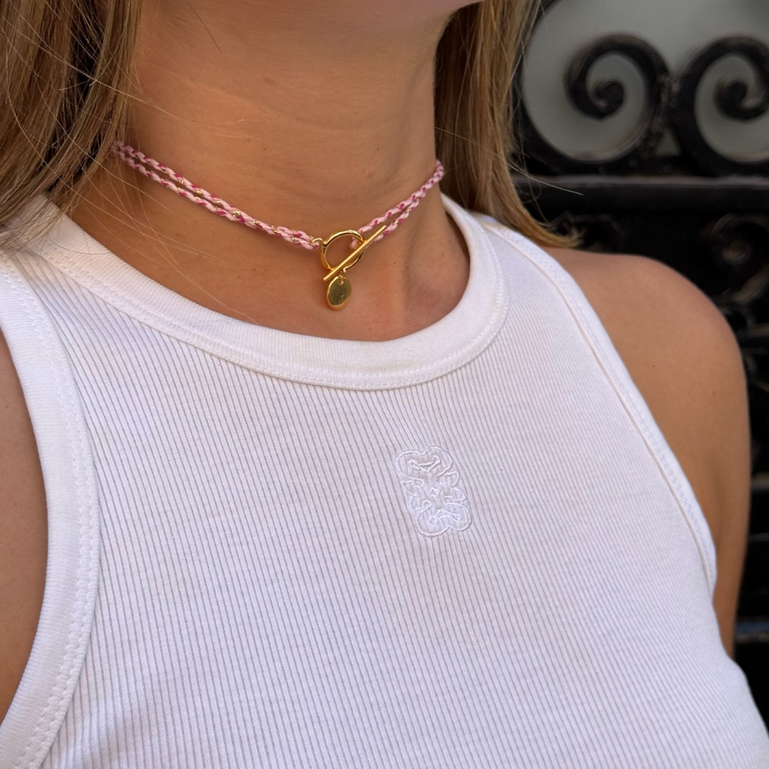 Collier lou doré médaille tressé cordon rose pâle