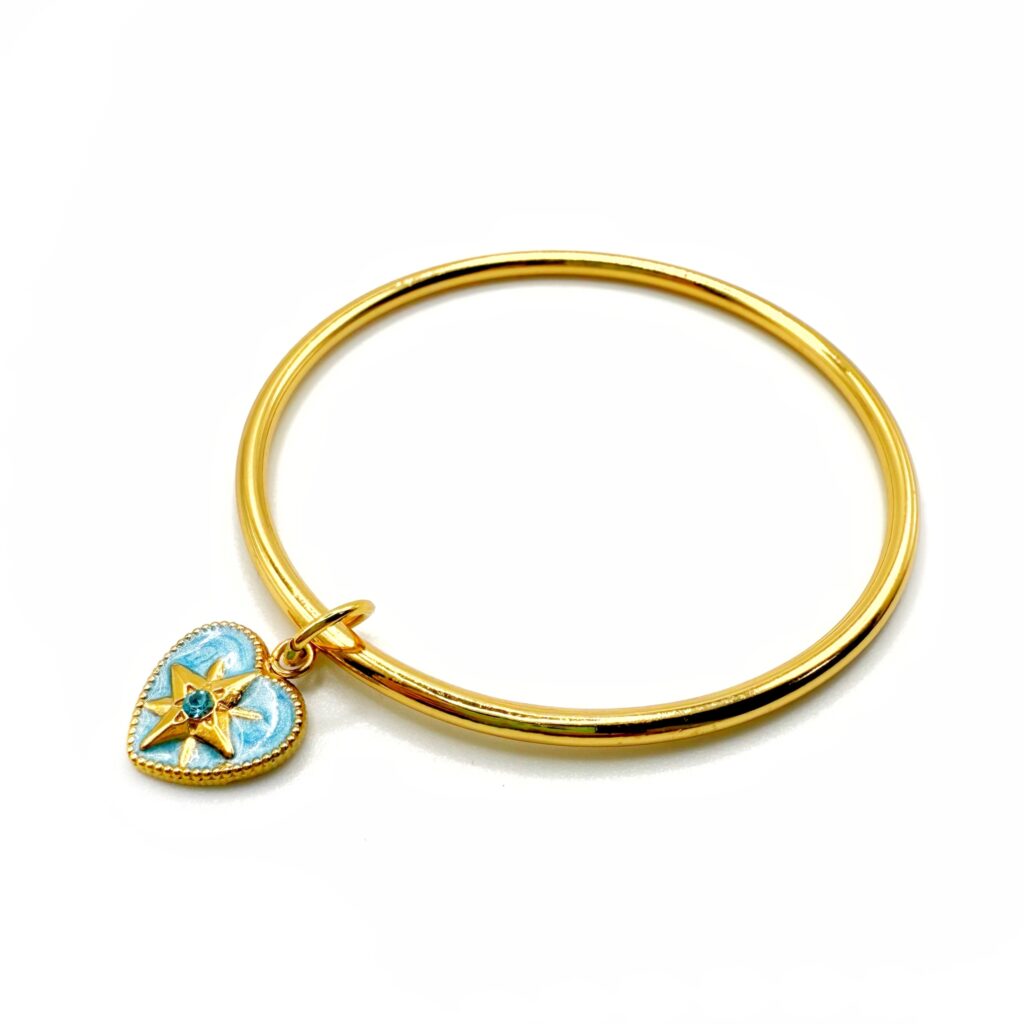 Jonc coeur strass doré, pendentif coeur bleu